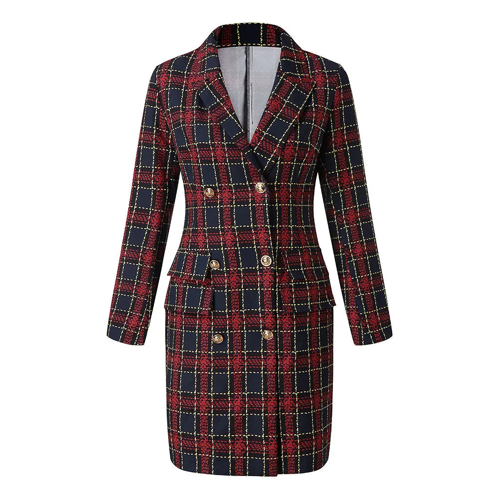 Vestido blazer de señora de oficina Atuendos formales Mujer Chaqueta a cuadros con botones cruzados Trajes de vestir Vestido de trabajo ajustado