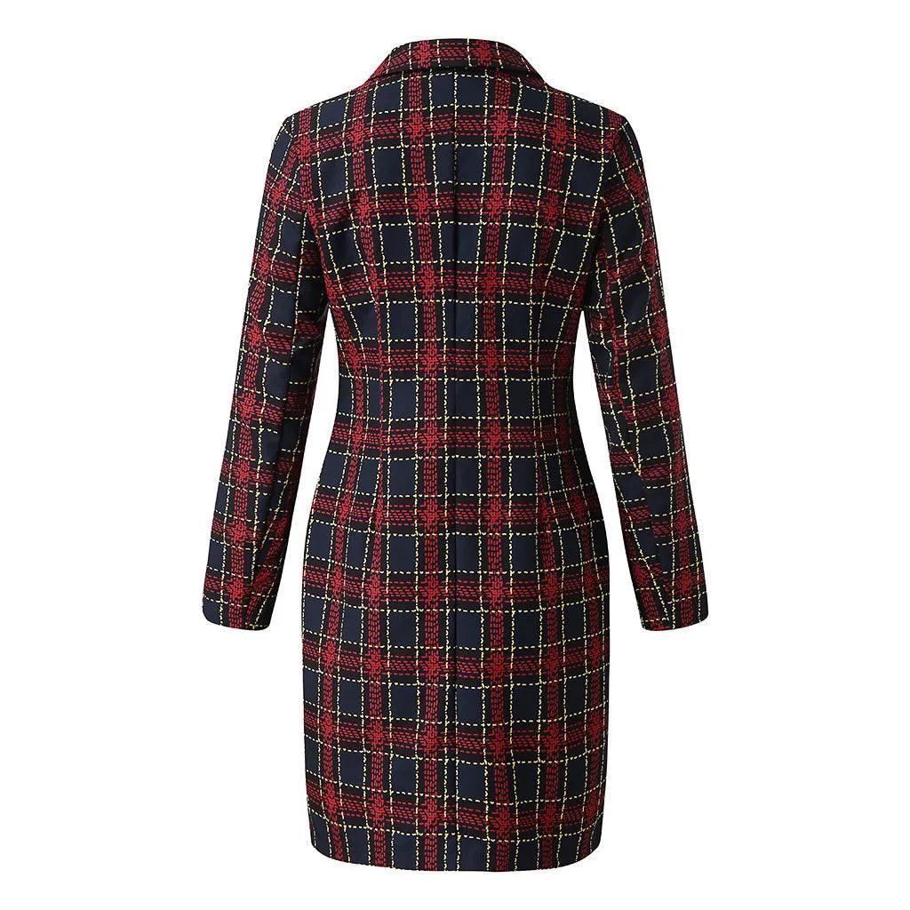 Vestido blazer de señora de oficina Atuendos formales Mujer Chaqueta a cuadros con botones cruzados Trajes de vestir Vestido de trabajo ajustado