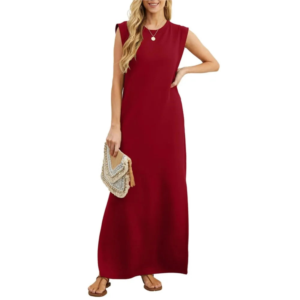 Vestido largo de moda con cuello redondo sin mangas con bolsillo de patchwork dividido 2024 Vestido largo de color sólido suelto casual de verano para mujer