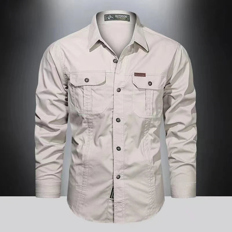 Camisas cargo de primavera para hombre manga larga casual 100% algodón