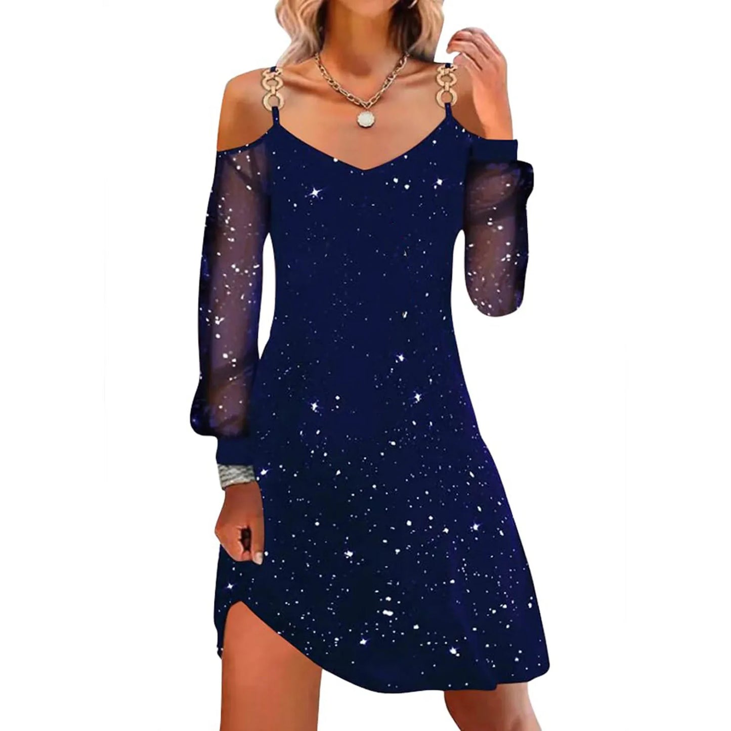 Vestidos de fiesta para mujer 2024 Primavera Verano Moda Glitter Patchwork Malla Hombro Frío Casual Mini Vestido de Manga Larga Vestidos