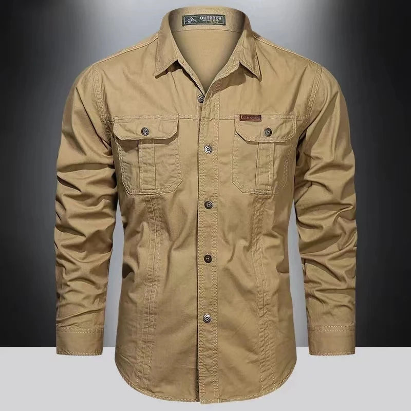 Camisas cargo de primavera para hombre manga larga casual 100% algodón