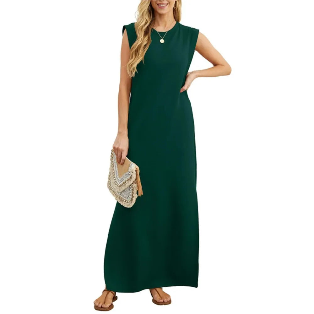 Vestido largo de moda con cuello redondo sin mangas con bolsillo de patchwork dividido 2024 Vestido largo de color sólido suelto casual de verano para mujer