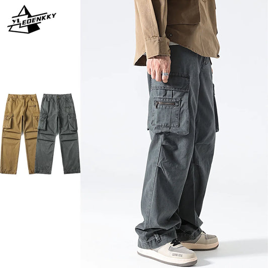 Harajuku Pantalones Cargo Hombre High Street Multi-bolsillos Pantalón de pierna ancha Vintage Sólido Recto Pantalones Sueltos Japoneses Casuales Bombachos