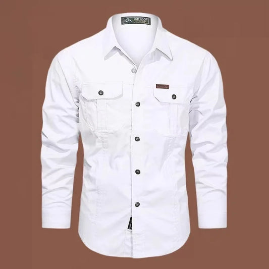 Camisas cargo de primavera para hombre manga larga casual 100% algodón