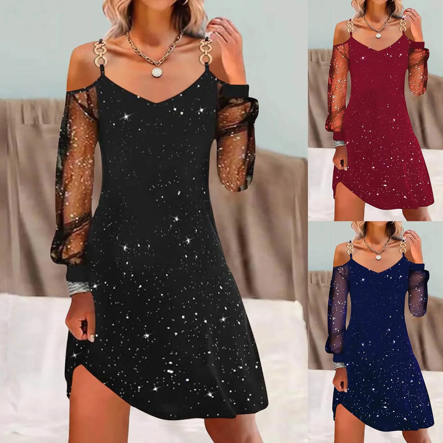 Vestidos de fiesta para mujer 2024 Primavera Verano Moda Glitter Patchwork Malla Hombro Frío Casual Mini Vestido de Manga Larga Vestidos